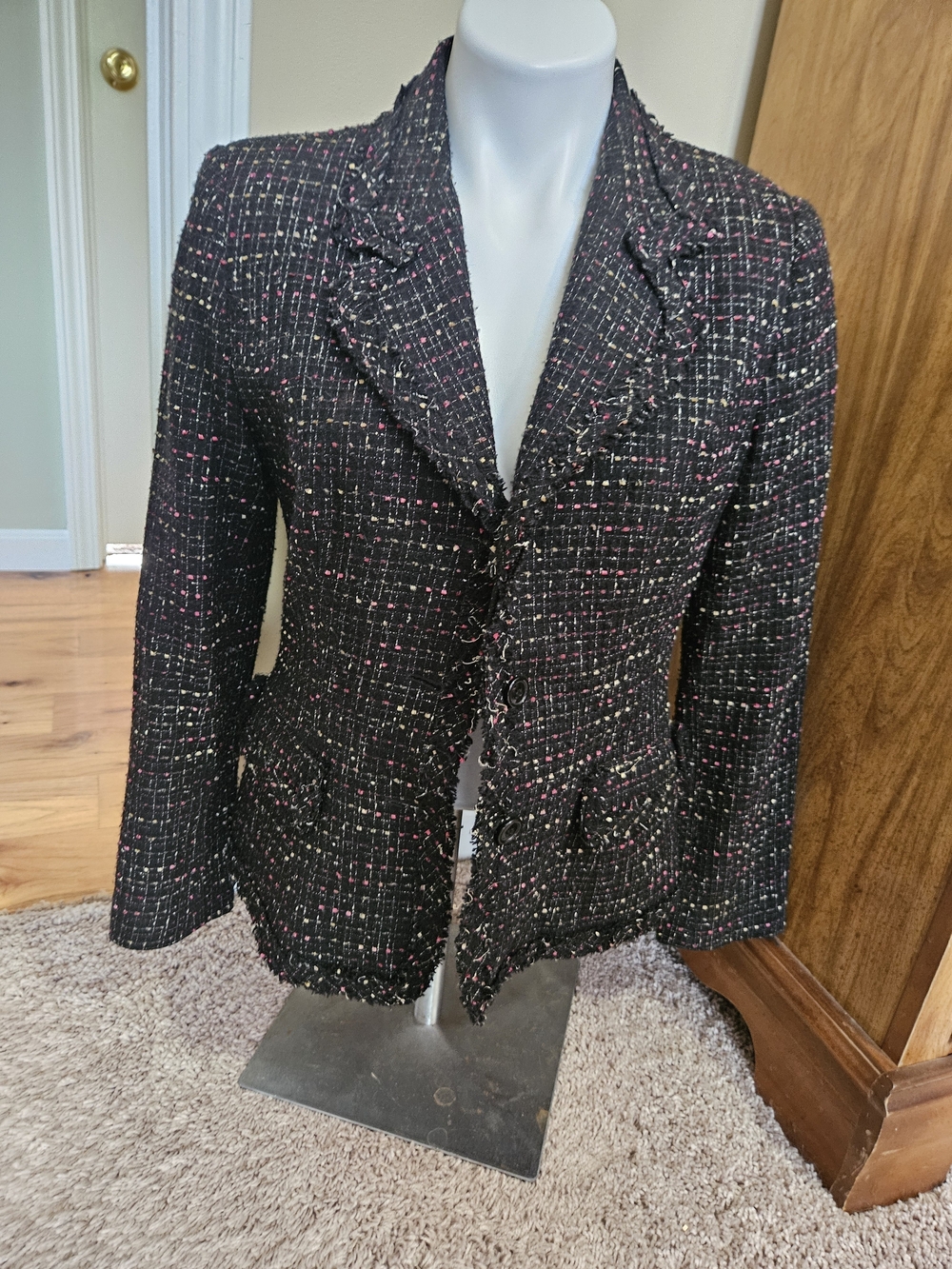 Seven7 Black Tweed Frayed-Edge Blazer with Pink and Cream Accents